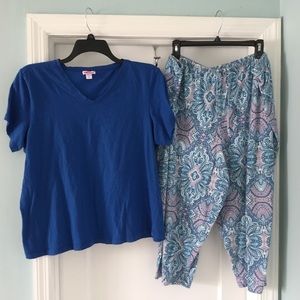 Dollhouse Vneck tee shirt blue 3X & Jockey print capris pajama bottoms 2X